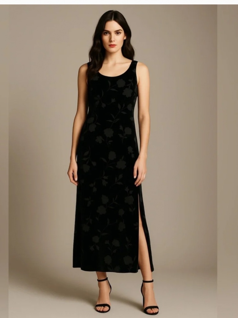 Jones New York Vintage 100% Silk Velvet Burnout Floral Maxi Dress Black Size 8